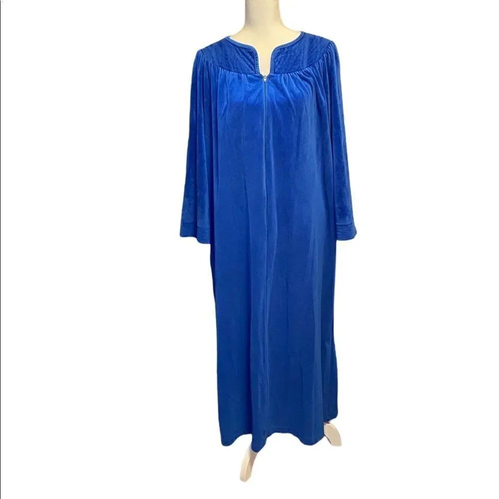 VINTAGE Rainbow Fashions Womens Bathrobe Blue Velvety Velore Zippered Size Large